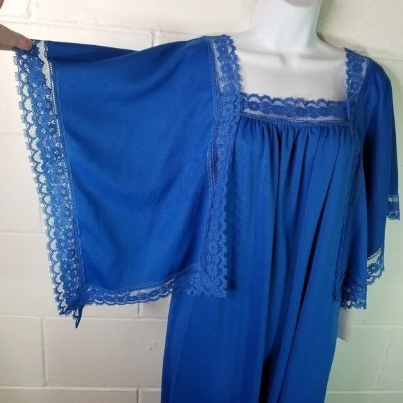 Vtg 70s royal blue long kimono sleeve maxi dress new - Picture 8 of 9